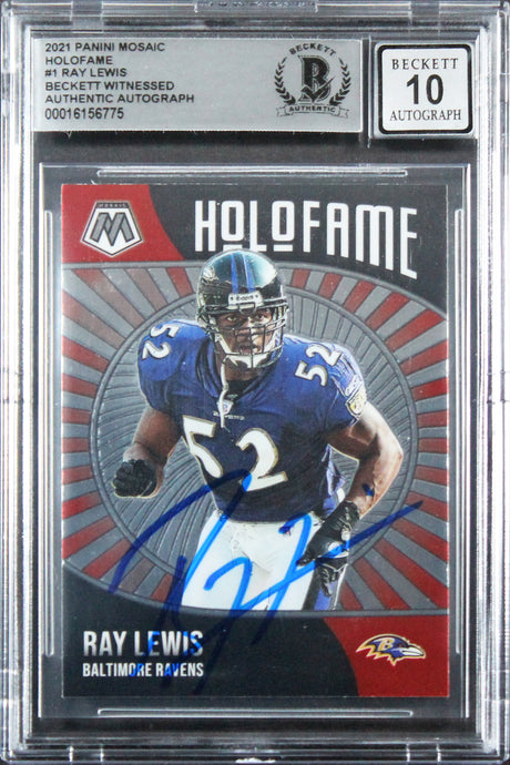 Ravens Ray Lewis Signed 2021 Panini Mosaic Holofame #1 Card Auto 10! BAS Slabbed