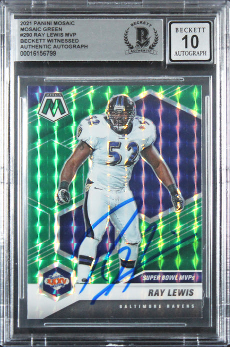 Ravens Ray Lewis Signed 2021 Panini Mosaic Green #290 Card Auto 10! BAS Slabbed