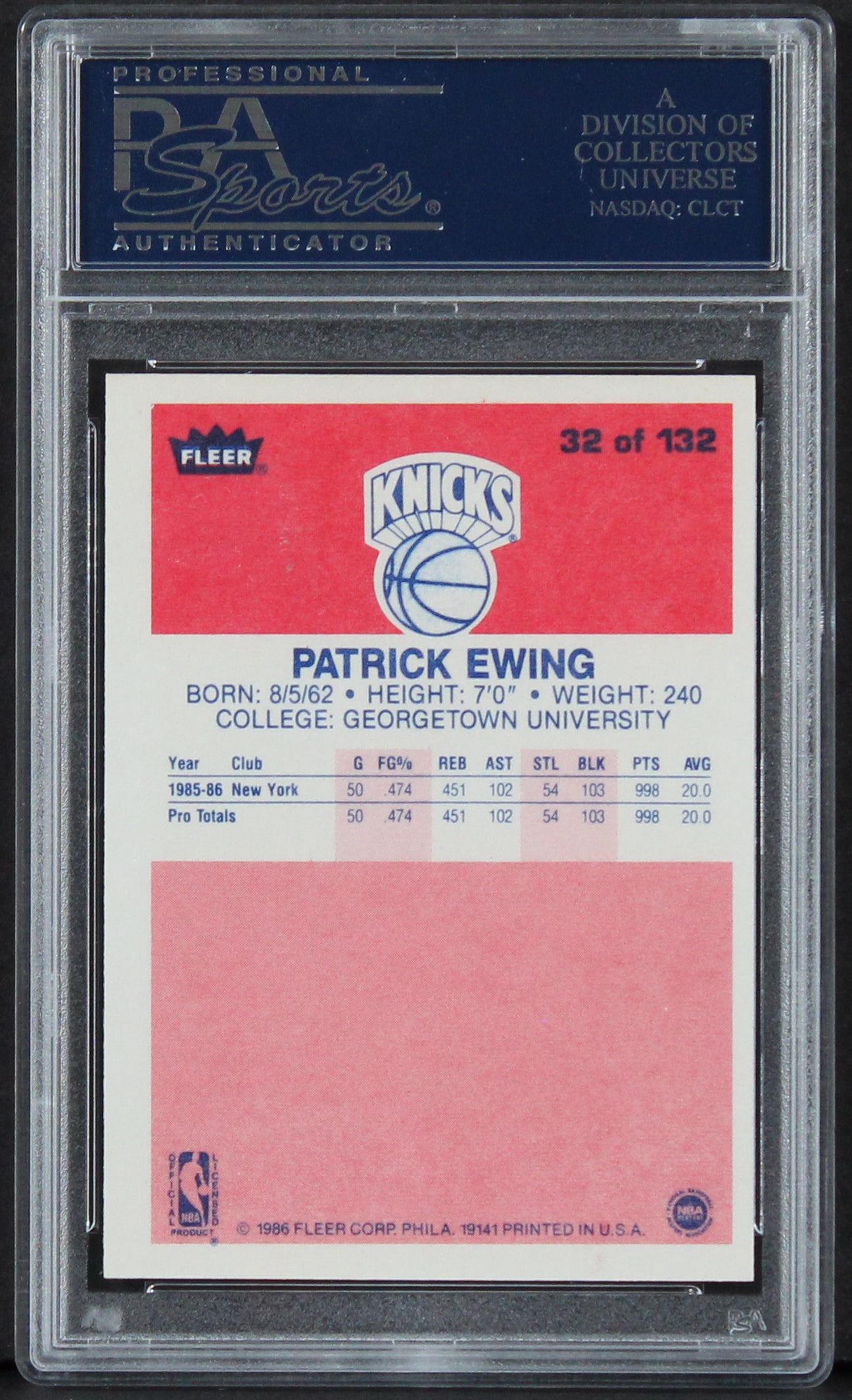 Knicks Patrick Ewing Authentic Signed 1986 Fleer #32 Card Auto 10! PSA Slabbed