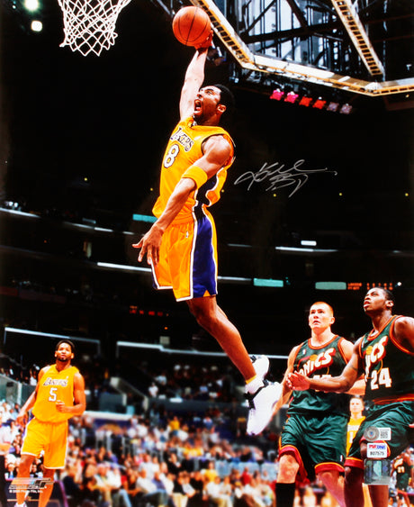 Lakers Kobe Bryant Signed 16x20 Vertical Dunking Photo Vs Sonics BAS #AD64068