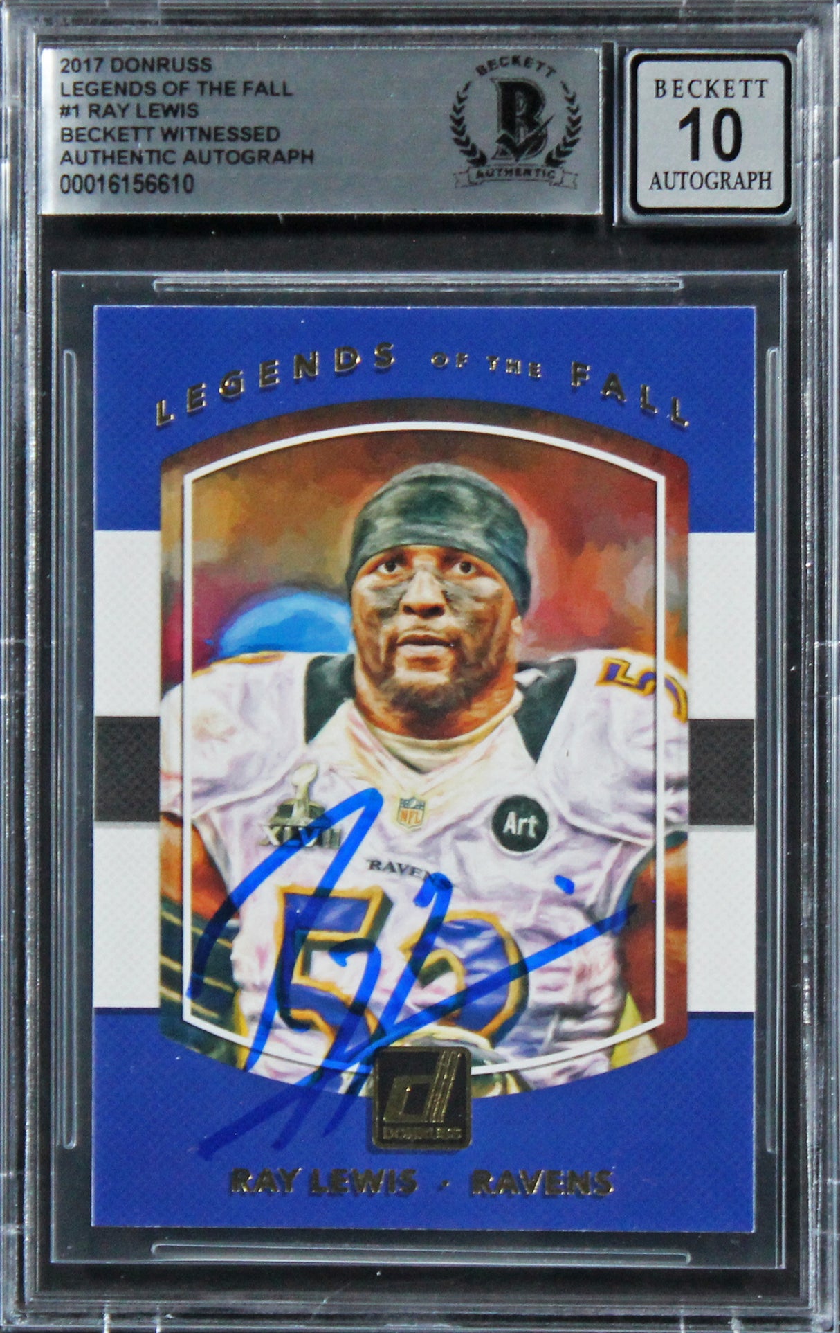 Ravens Ray Lewis Signed 2017 Donruss Legends #1 Card Auto 10! BAS Slabbed