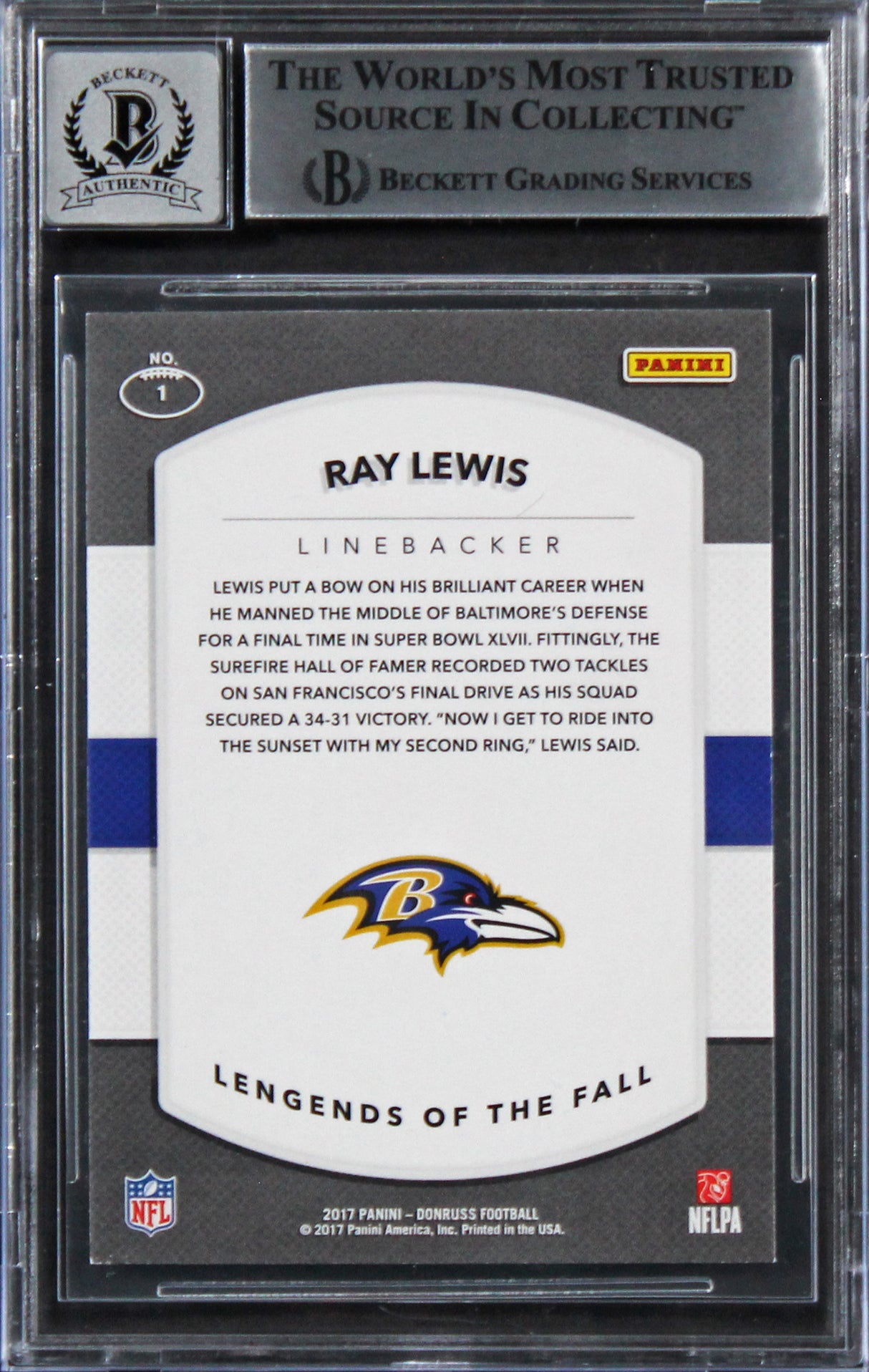 Ravens Ray Lewis Signed 2017 Donruss Legends #1 Card Auto 10! BAS Slabbed