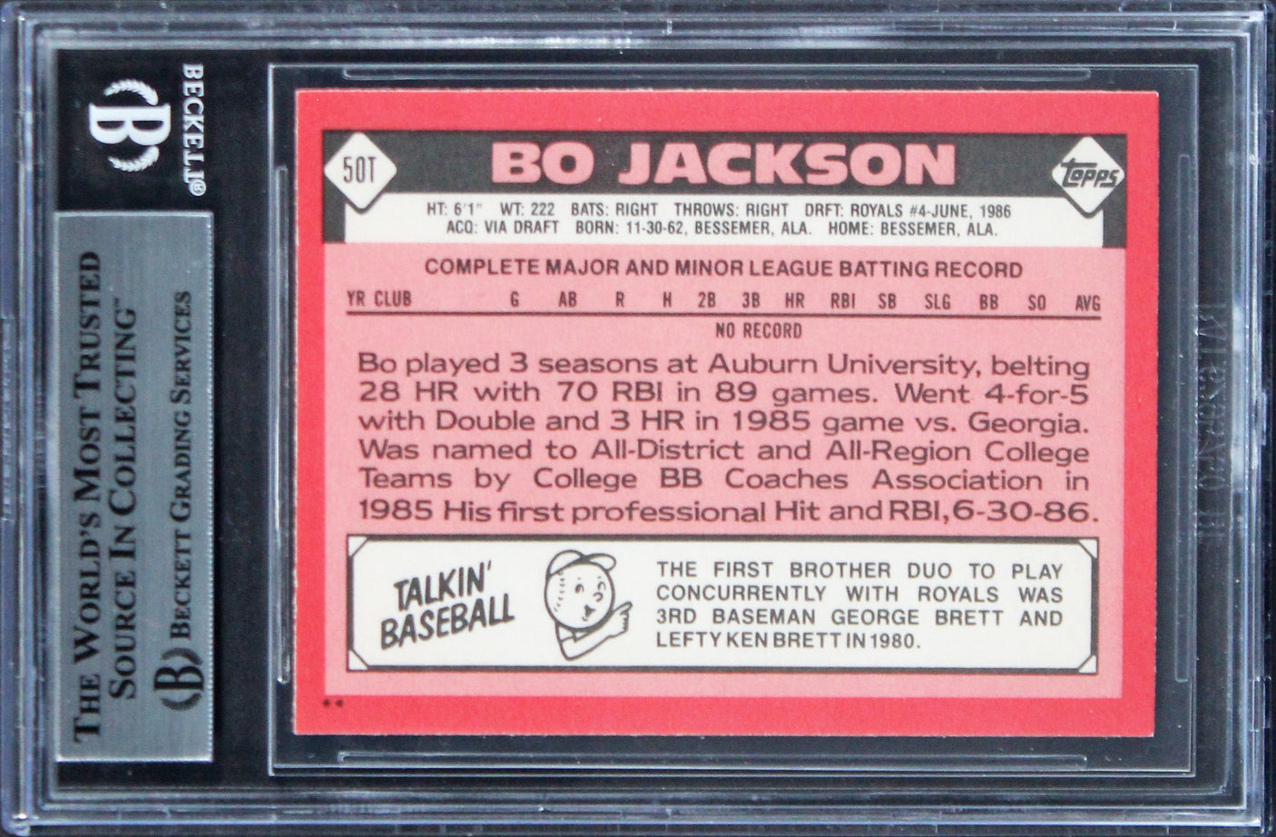 Royals Bo Jackson Authentic Signed 1986 Topps Traded #50T RC Card BAS Slabbed