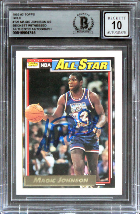 Lakers Magic Johnson Signed 1992 Topps Gold #126 AS Card Auto 10! BAS Slabbed