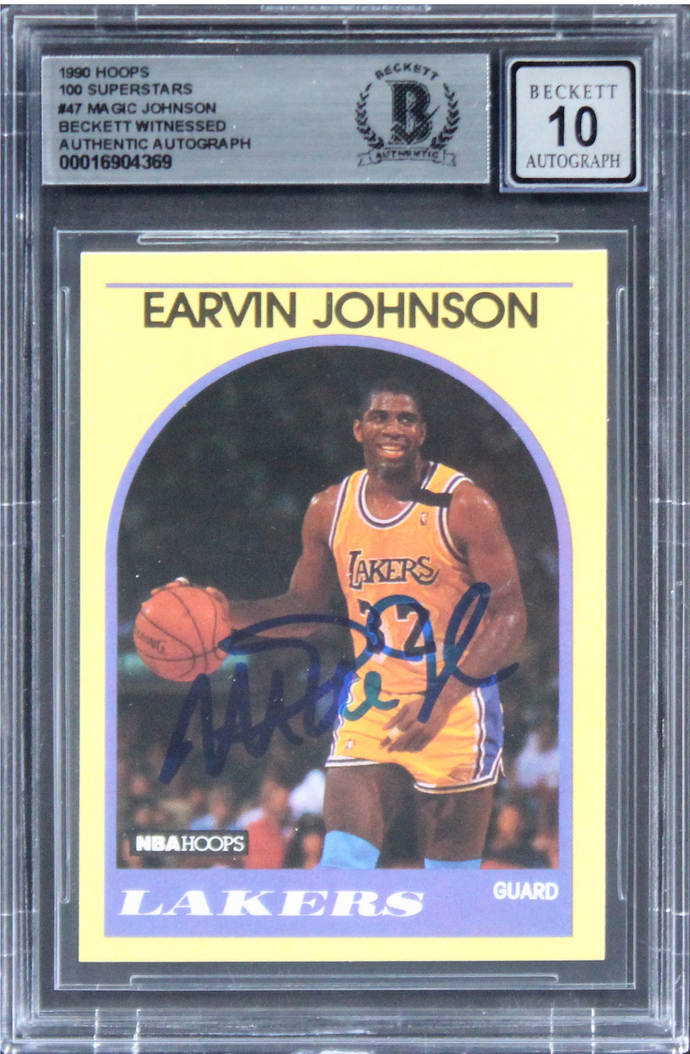 Lakers Magic Johnson Signed 1990 Hoops 100 Superstars #47 Card Auto 10! BAS Slab