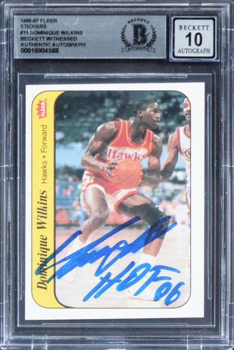 Hawks Dominique Wilkins HOF Signed 1986 Fleer Stickers #11 RC Auto 10 BAS Slab 1