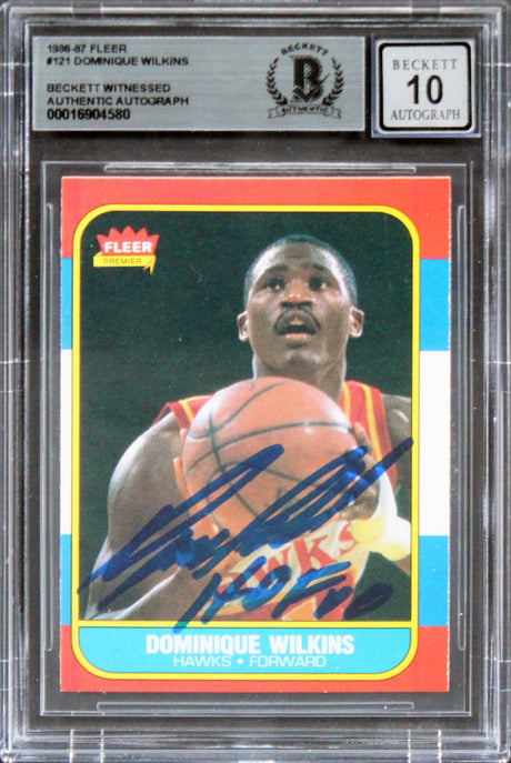 Hawks Dominique Wilkins "HOF" Signed 1986 Fleer #121 RC Card Auto 10! BAS Slab 1