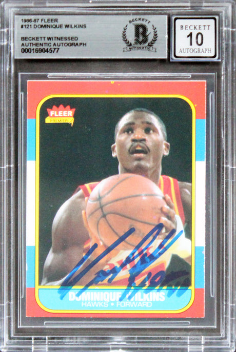 Hawks Dominique Wilkins "HOF" Signed 1986 Fleer #121 RC Card Auto 10! BAS Slab 3