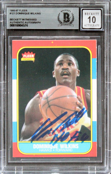 Hawks Dominique Wilkins "HOF" Signed 1986 Fleer #121 RC Card Auto 10! BAS Slab 4