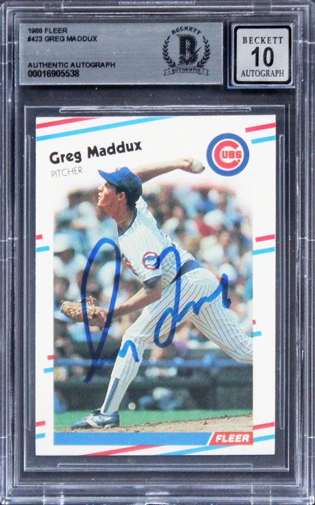 Cubs Greg Maddux Authentic Signed 198 Fleer #423 Card Auto 10! BAS Slabbed