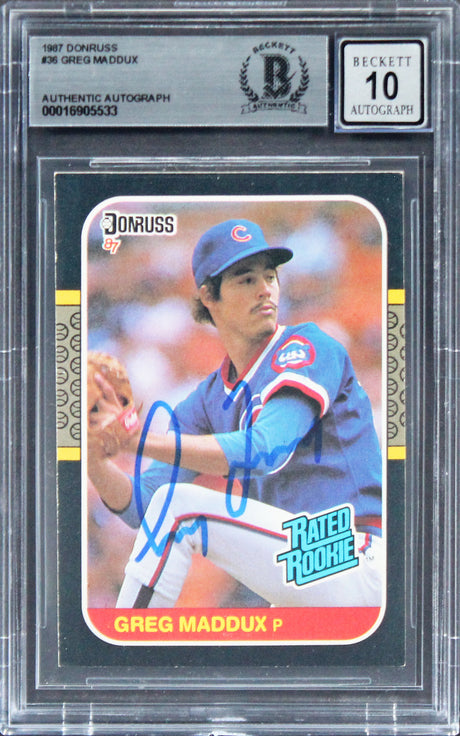 Cubs Greg Maddux Signed 1987 Donruss #36 Rated Rookie Card Auto 10! BAS Slabbed