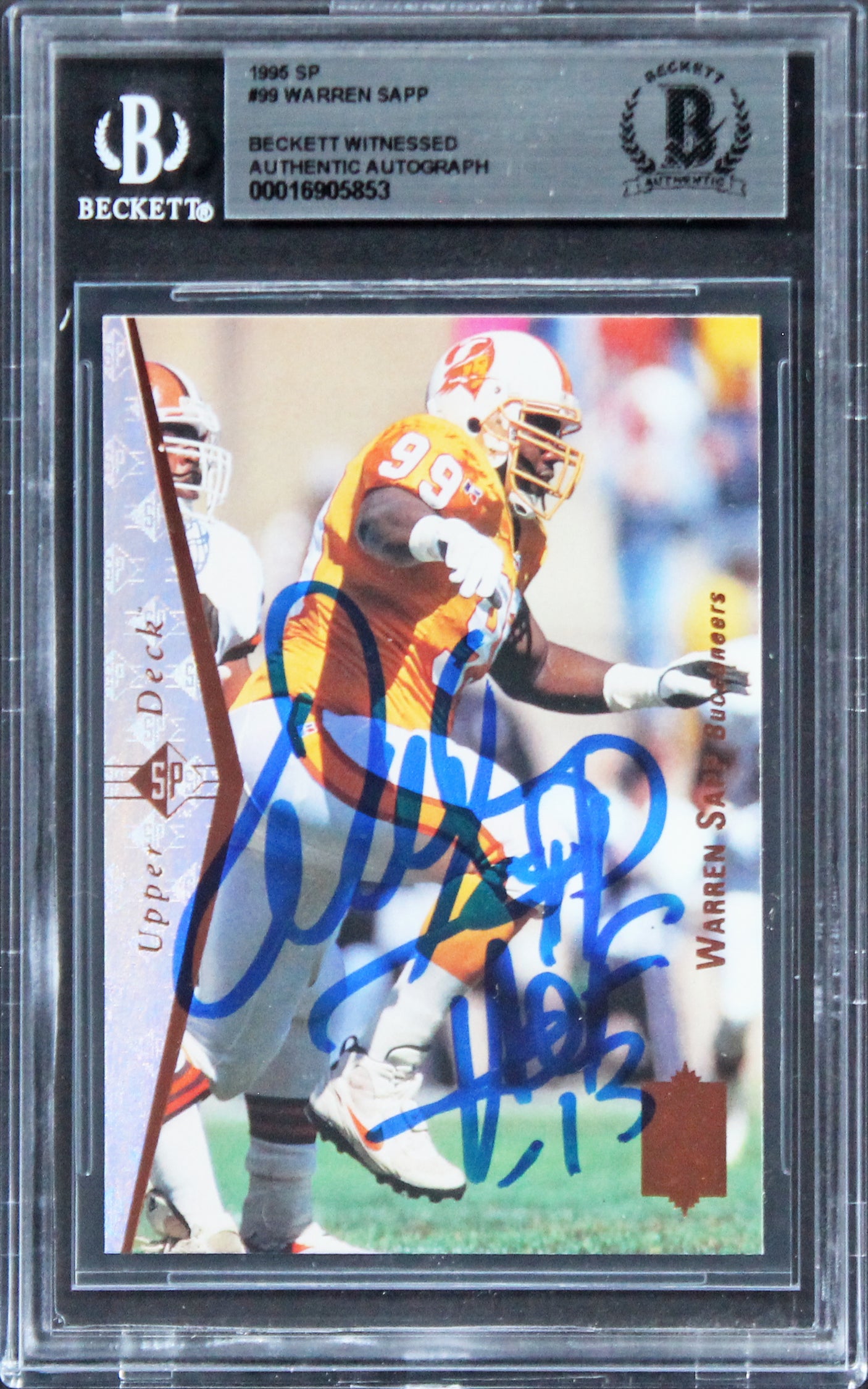 Buccaneers Warren Sapp "HOF 13" Signed 1995 SP #99 Rookie Card BAS Slabbed