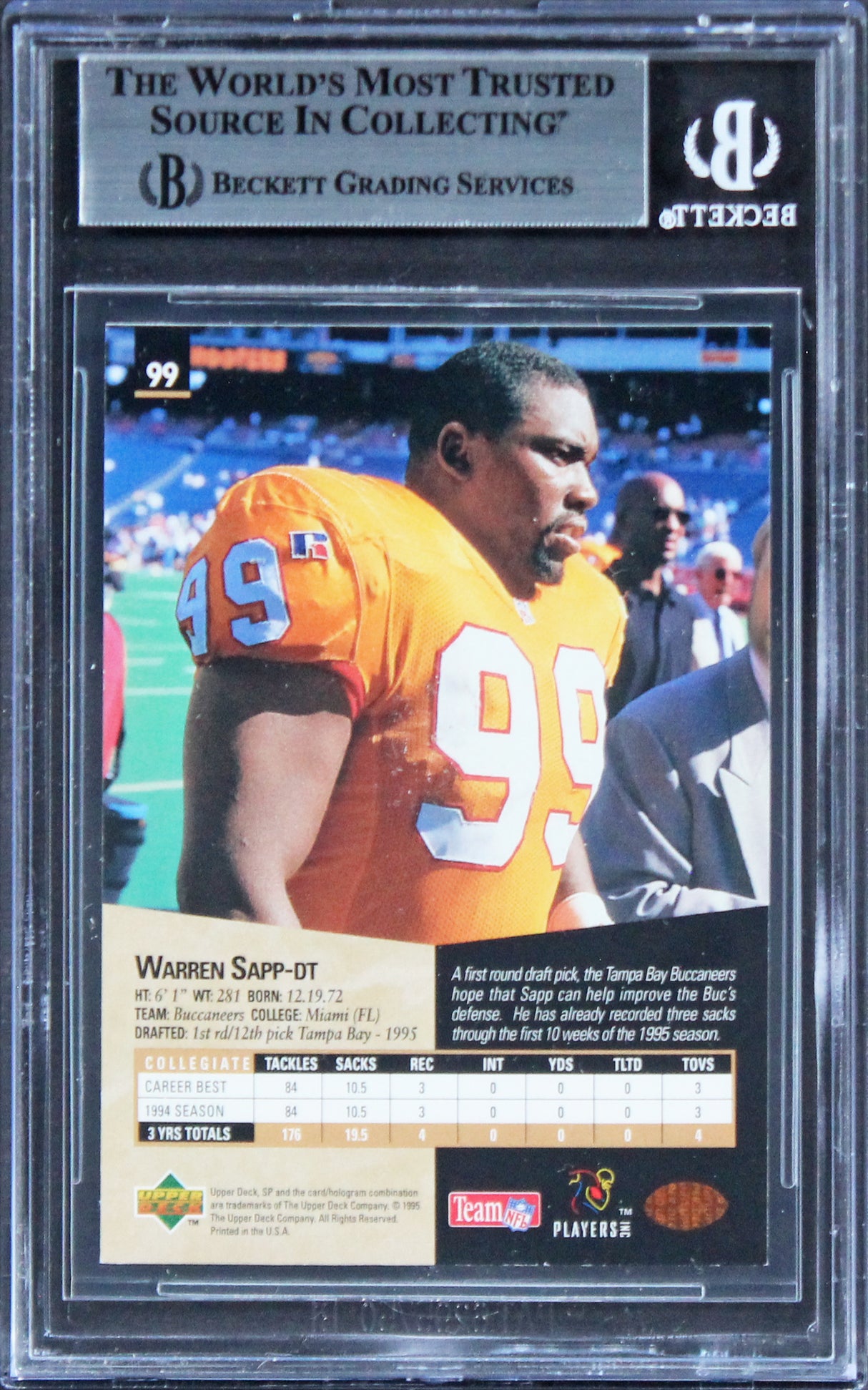 Buccaneers Warren Sapp "HOF 13" Signed 1995 SP #99 Rookie Card BAS Slabbed