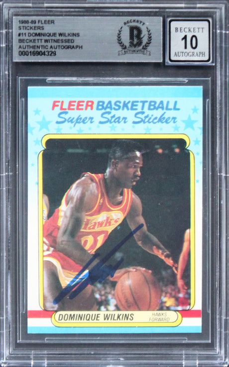 Hawks Dominique Wilkins Signed 1988 Fleer Stickers #11 Card Auto 10! BAS Slabbed