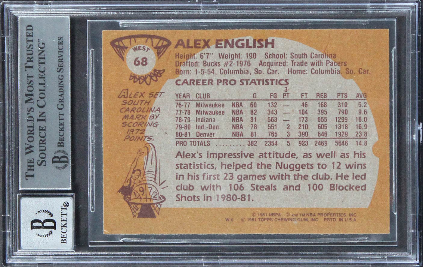 Nuggets Alex English "HOF 97" Signed 1981 Topps #W68 Card Auto 10! BAS Slabbed