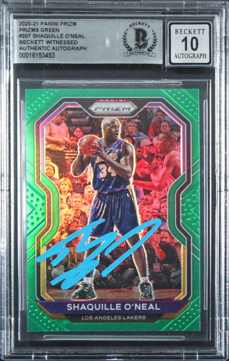 Lakers Shaquille O'Neal Signed 2020 Panini Prizm Grn #207 Card Auto 10 BAS Slab