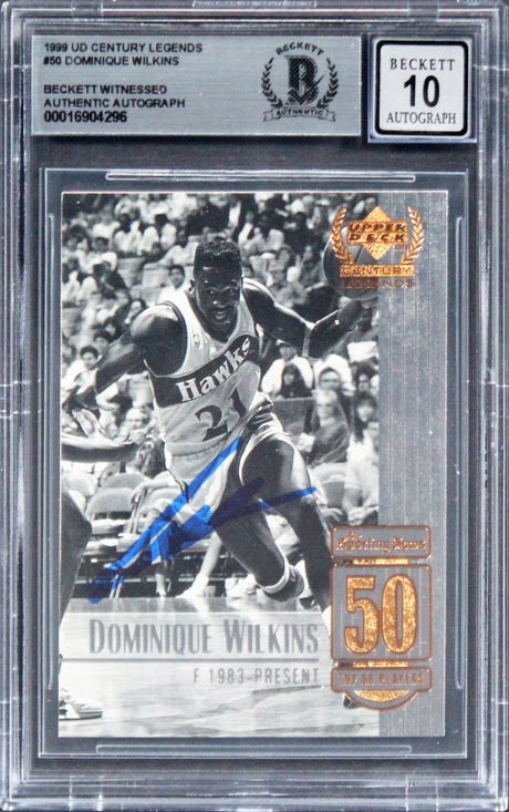 Hawks Dominique Wilkins Signed 1999 UD Century Legends #50 Card Auto 10 BAS Slab