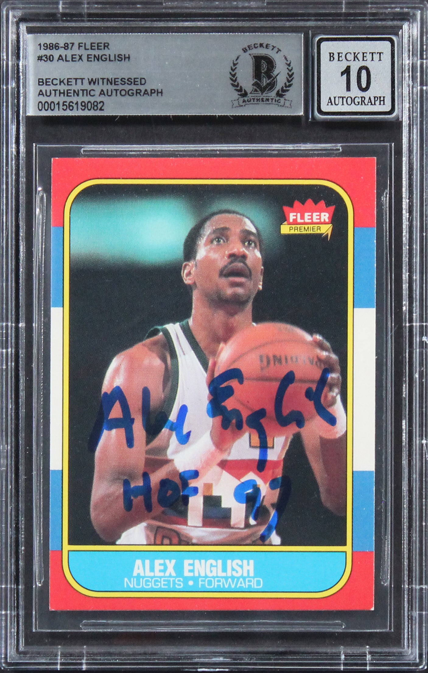 Nuggets Alex English "HOF 97" Signed 1986 Fleer #30 Card Auto 10! BAS Slabbed