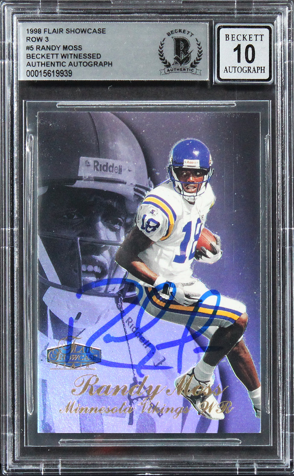 Vikings Randy Moss Signed 1998 Flair Showcase Row 3 #5 RC Card Auto 10! BAS Slab