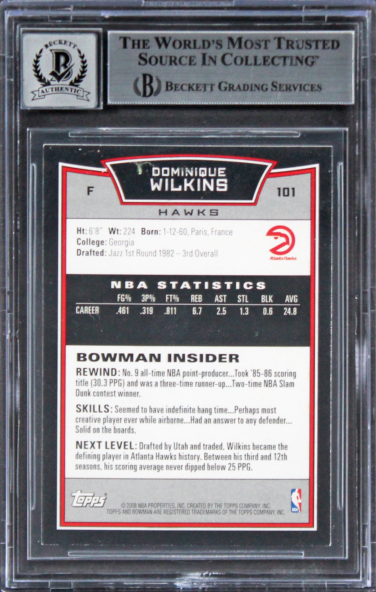 Hawks Dominique Wilkins Authentic Signed 2008 Bowman #101 Card Auto 10! BAS Slab