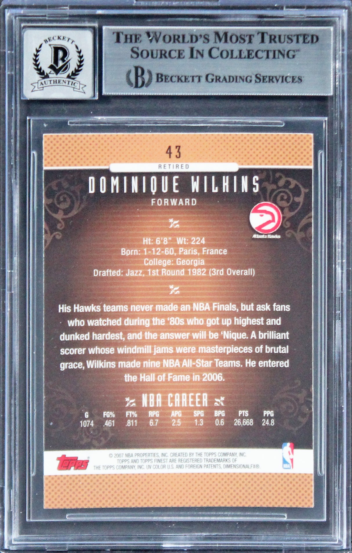 Hawks Dominique Wilkins Authentic Signed 2006 Finest #43 Card Auto 10! BAS Slab