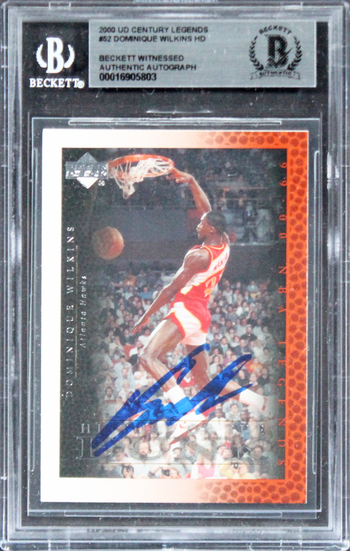 Hawks Dominique Wilkins Signed 2000 UD Century Legends #52 HD Card BAS Slabbed