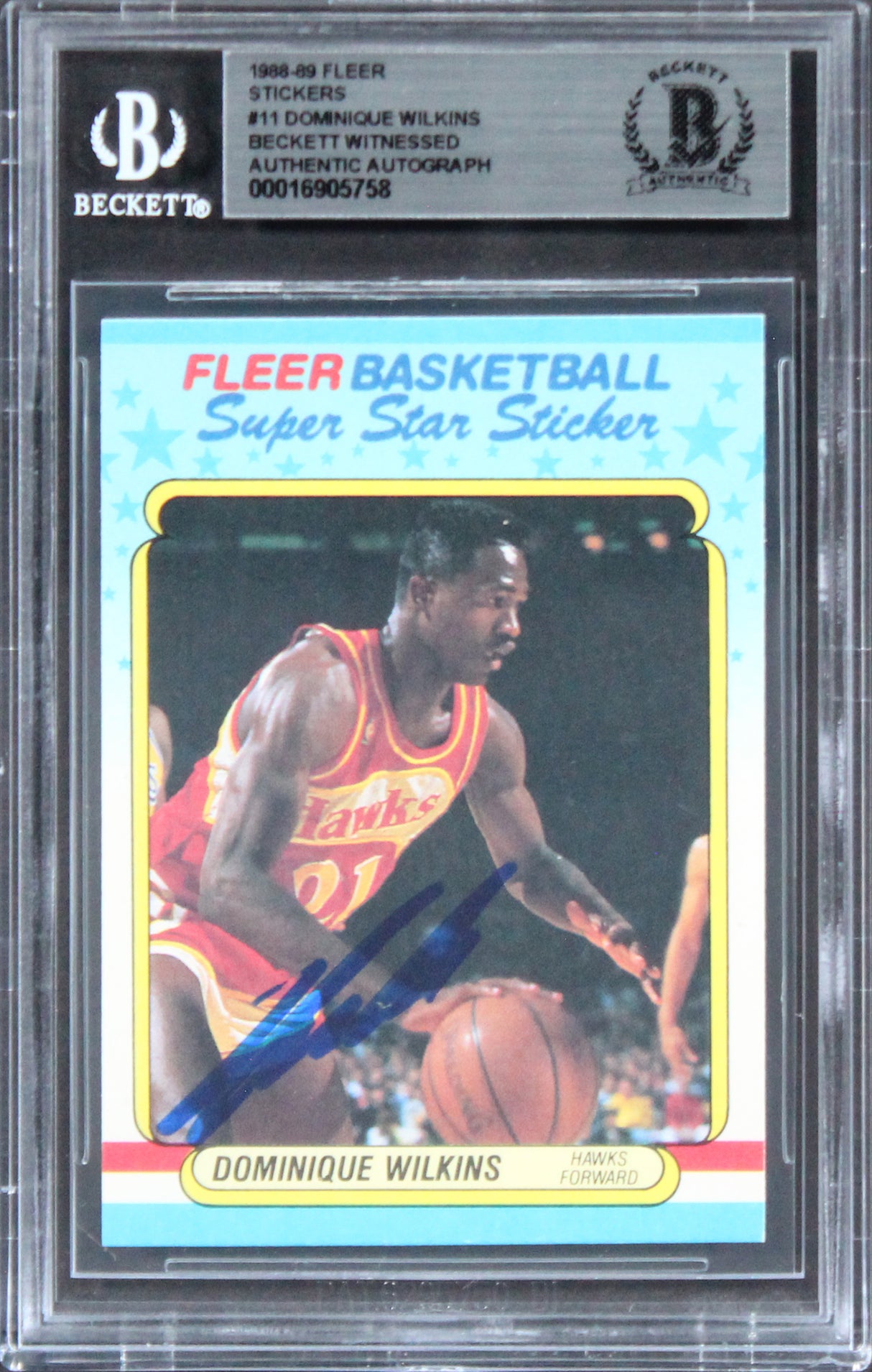 Hawks Dominique Wilkins Authentic Signed 1988 Fleer Stickers #11 Card BAS Slab