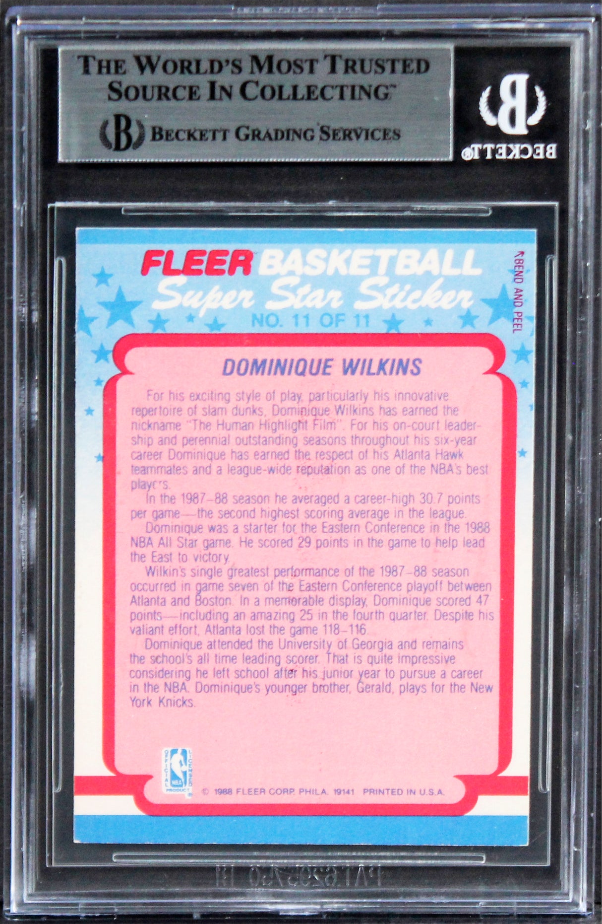 Hawks Dominique Wilkins Authentic Signed 1988 Fleer Stickers #11 Card BAS Slab