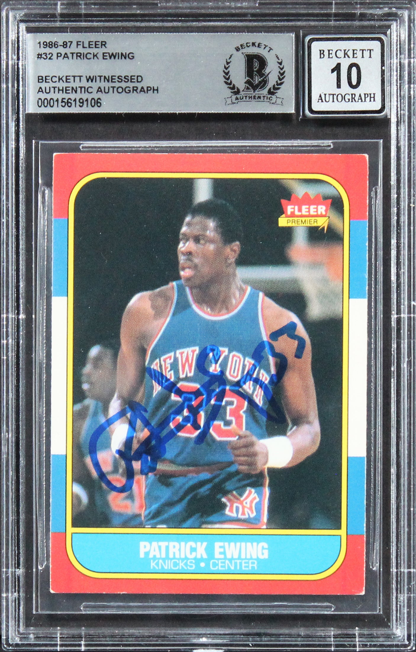 Knicks Patrick Ewing Signed 1986 Fleer #32 RC Card Auto Graded 10! BAS Slabbed 3