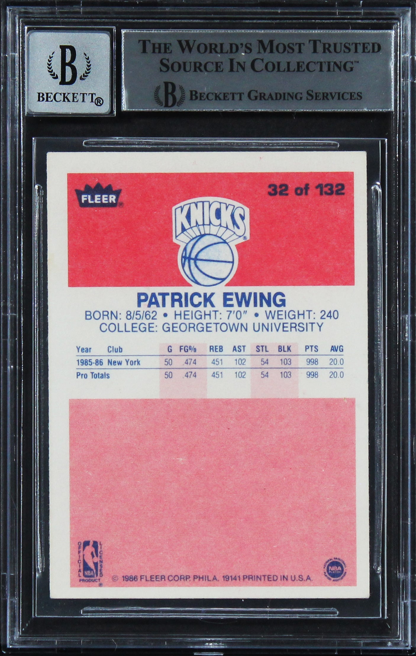 Knicks Patrick Ewing Signed 1986 Fleer #32 RC Card Auto Graded 10! BAS Slabbed 3