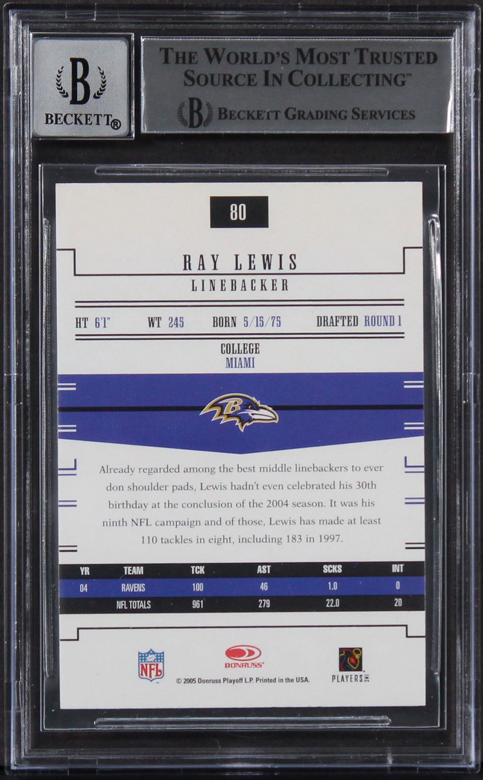 Ravens Ray Lewis Signed 2005 Donruss Gridiron Gear #80 Card Auto 10! BAS Slabbed