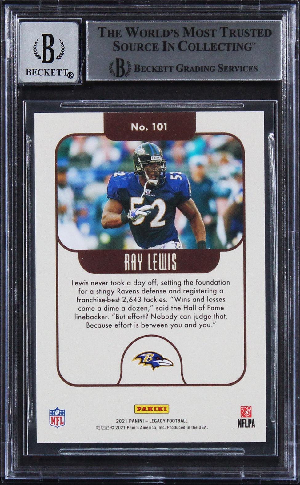 Ravens Ray Lewis Signed 2021 Panini Legacy Green #101 Card Auto 10! BAS Slabbed