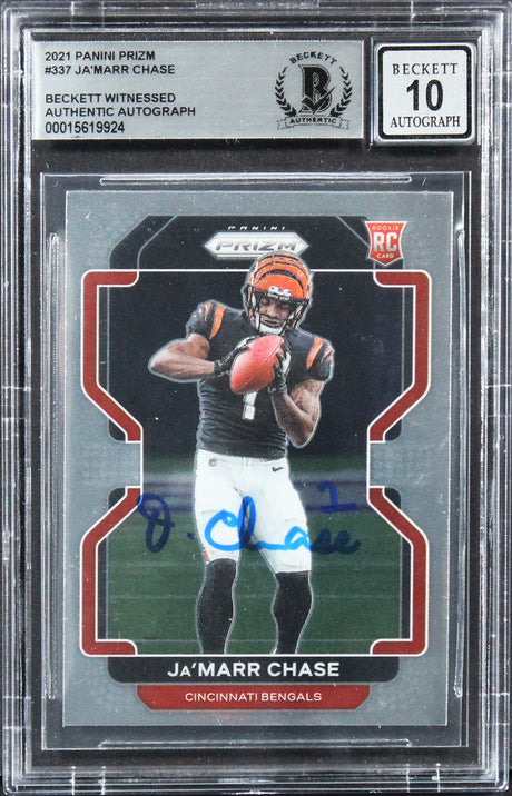 Bengals Ja'Marr Chase Signed 2021 Panini Prizm #337 Rookie Card Auto 10 BAS Slab