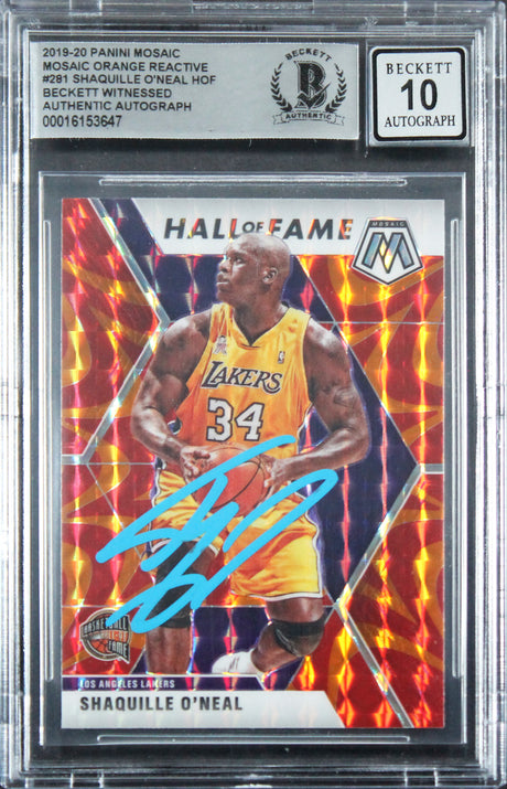 Lakers Shaquille O'Neal Signed 2019 Panini Mosaic OR #281 Card Auto 10! BAS Slab