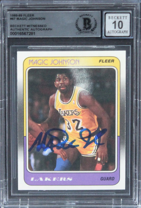 Lakers Magic Johnson Signed 1989 Fleer #67 Auto Grade 10 BAS Witnessed #16567281