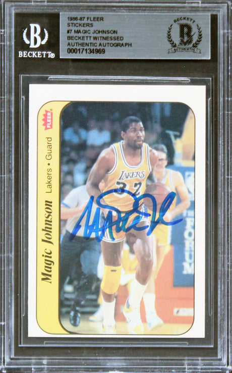 Lakers Magic Johnson Authentic Signed 1986 Fleer Stickers #7 Card BAS Slabbed