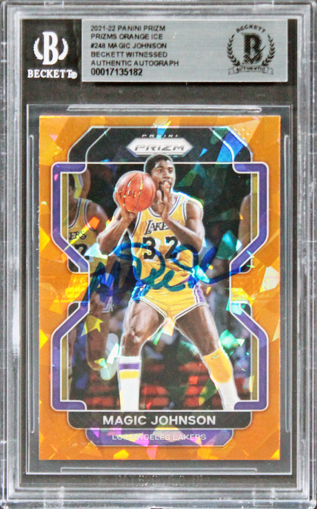 Lakers Magic Johnson Signed 2021 Panini Prizm Orange Ice #248 Card BAS Slabbed