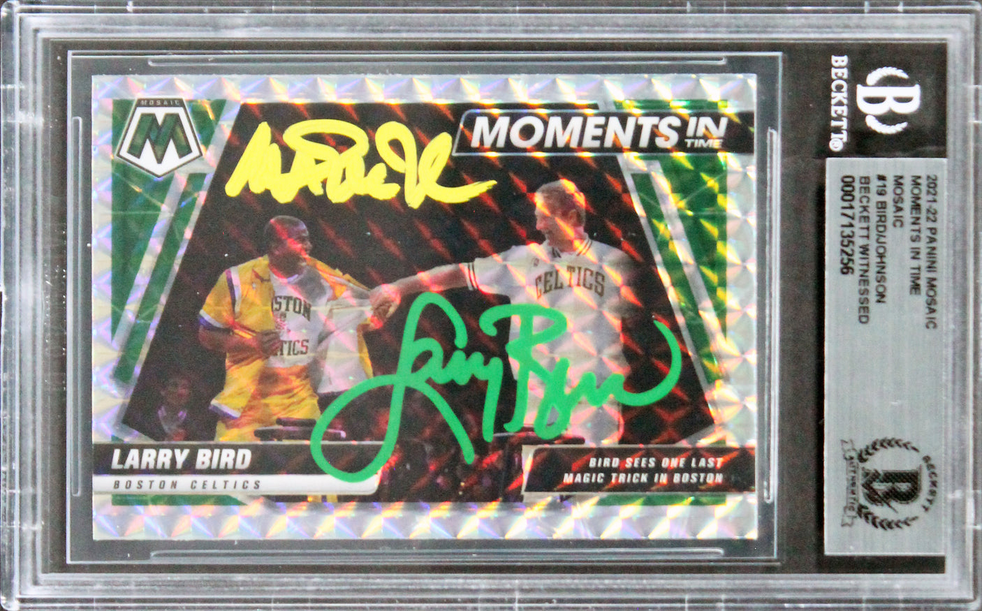 Magic Johnson Larry Bird Signed 2021 Panini Mosaic MIT Mosaic #19 Card BAS Slab