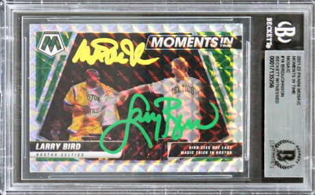 Magic Johnson Larry Bird Signed 2021 Panini Mosaic MIT Mosaic #19 Card BAS Slab