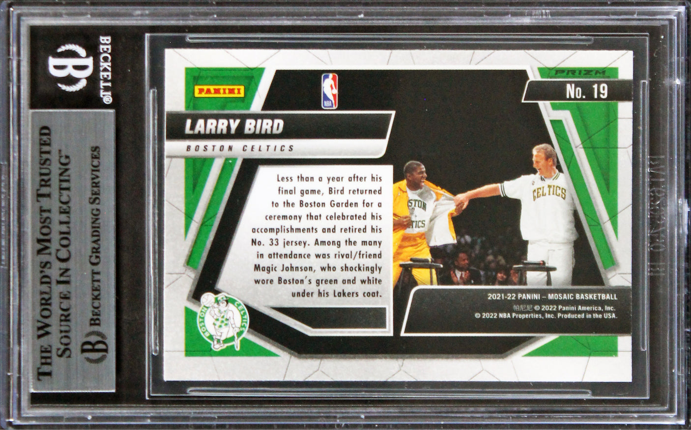 Magic Johnson Larry Bird Signed 2021 Panini Mosaic MIT Mosaic #19 Card BAS Slab