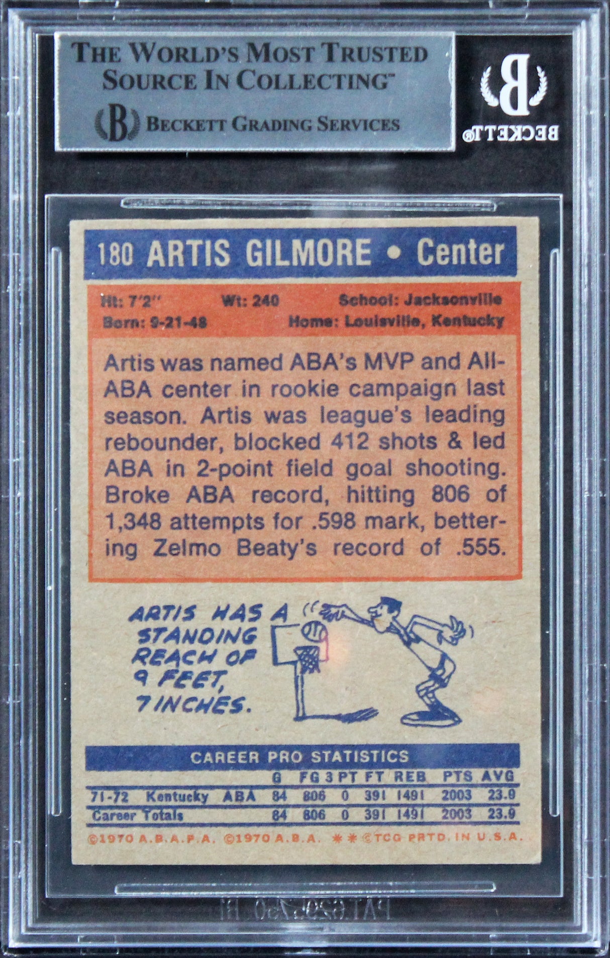 Bulls Artis Gilmore "HOF 2011" Signed 1972 Topps #180 Rookie Card BAS Slabbed