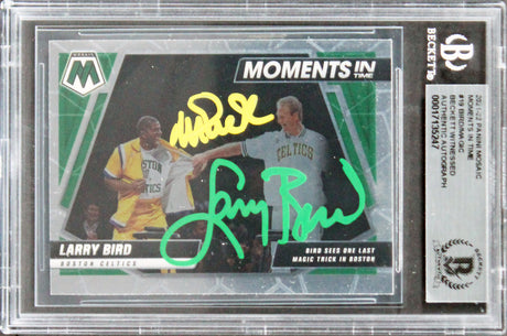 Magic Johnson & Larry Bird Signed 2021 Panini Mosaic MIT #19 Card BAS Slabbed