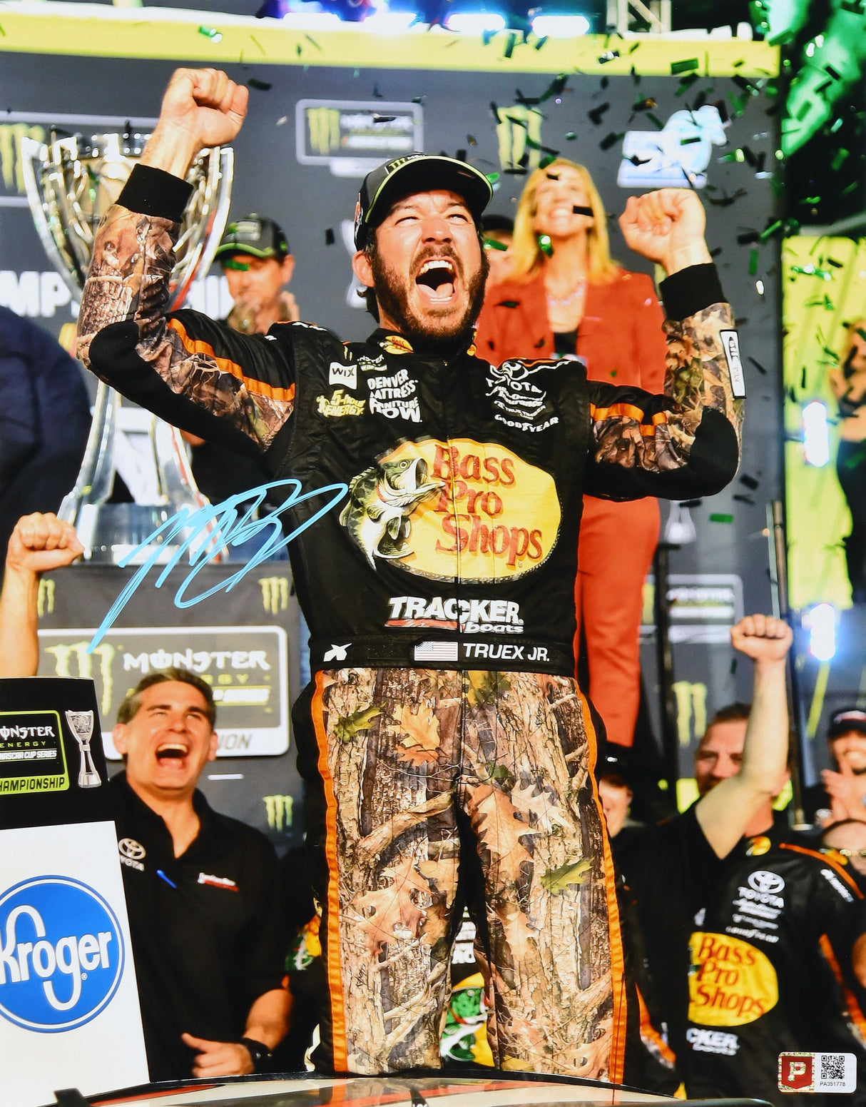 Martin Truex Jr. 2017 NASCAR Champion Signed Bass Pro Shops Victory Lane 11x14 Photo (COA)