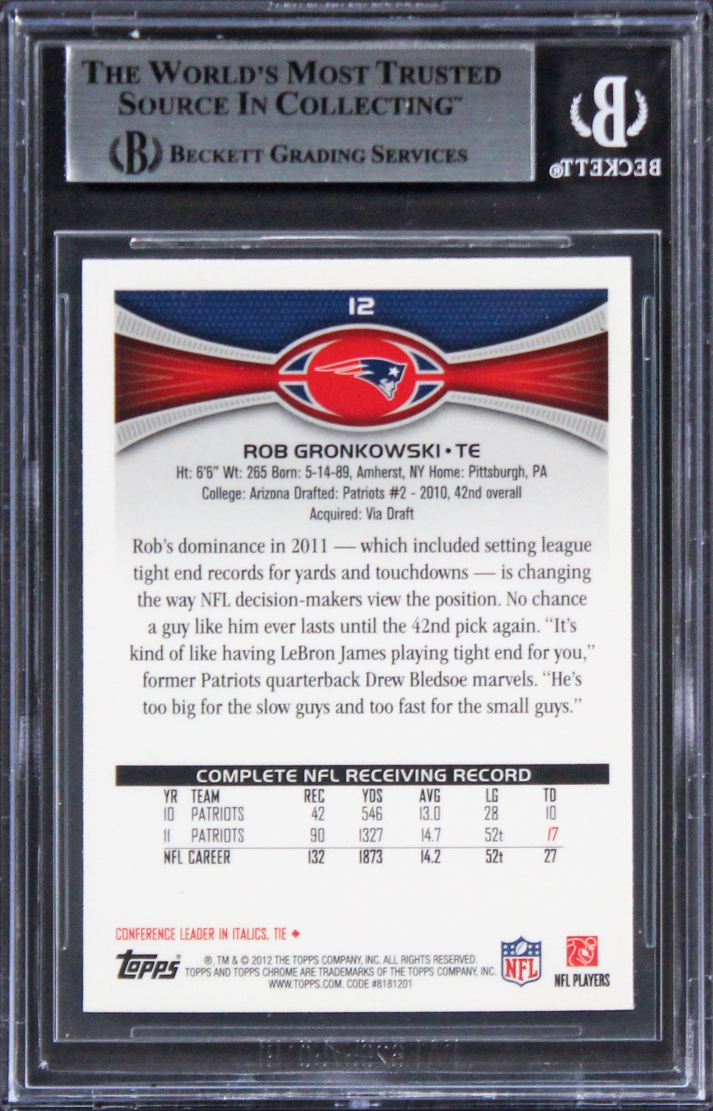 Patriots Rob Gronkowski Authentic Signed 2012 Topps Chrome #12 Card BAS Slabbed