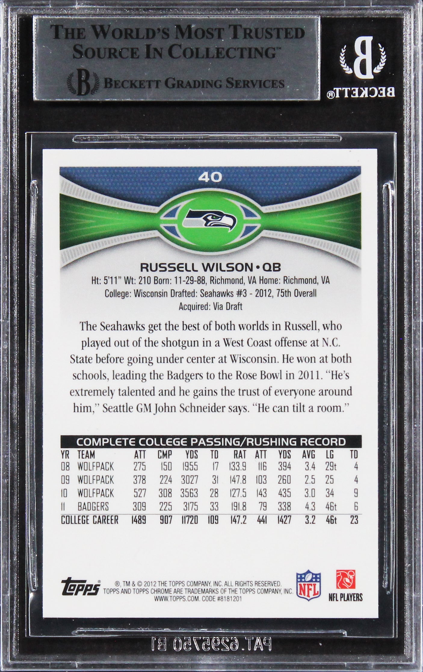 Seahawks Russell Wilson Signed 2012 Topps Chrome #40A Rookie Card BAS Slabbed