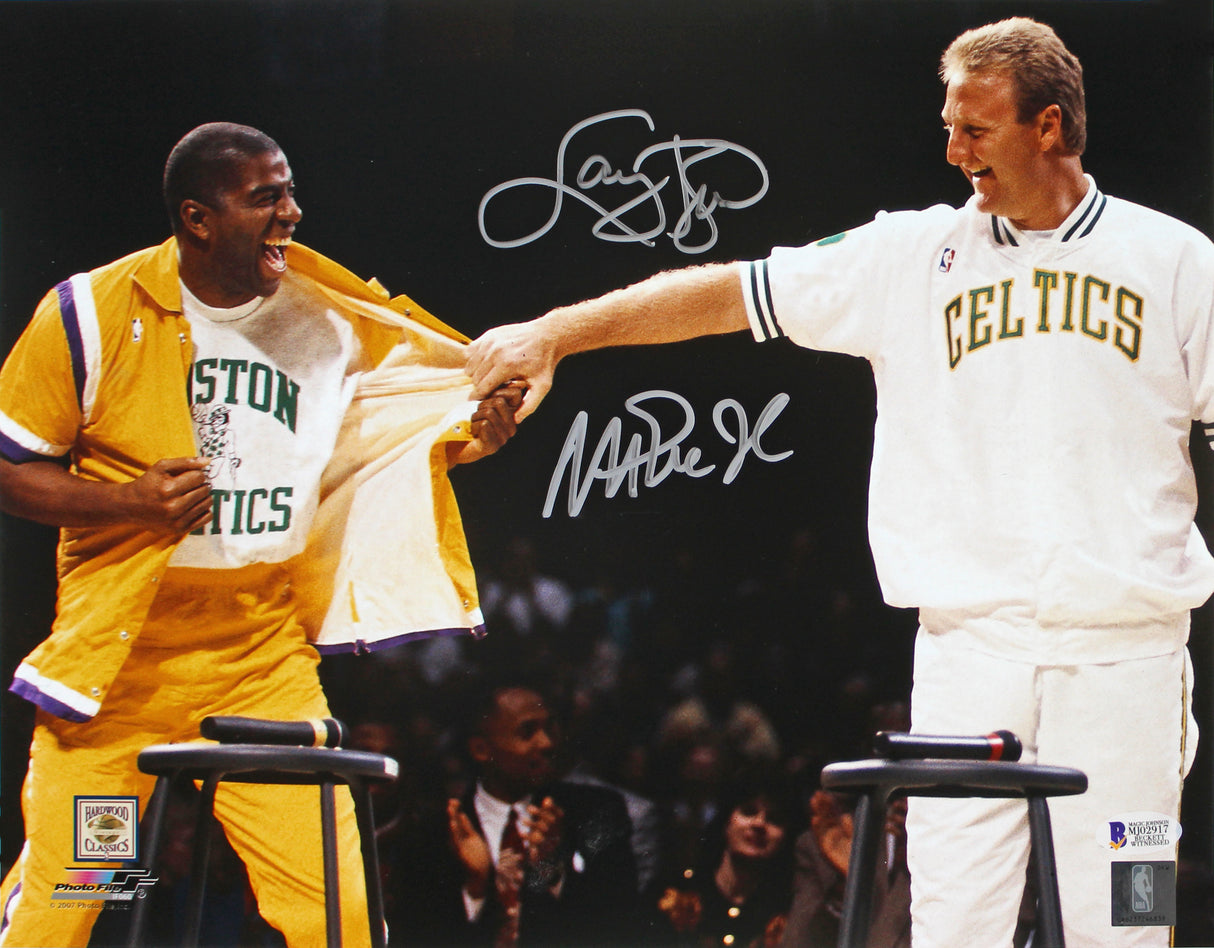 Magic Johnson & Larry Bird Authentic Signed 11x14 Retirement Photo BAS Witnessed