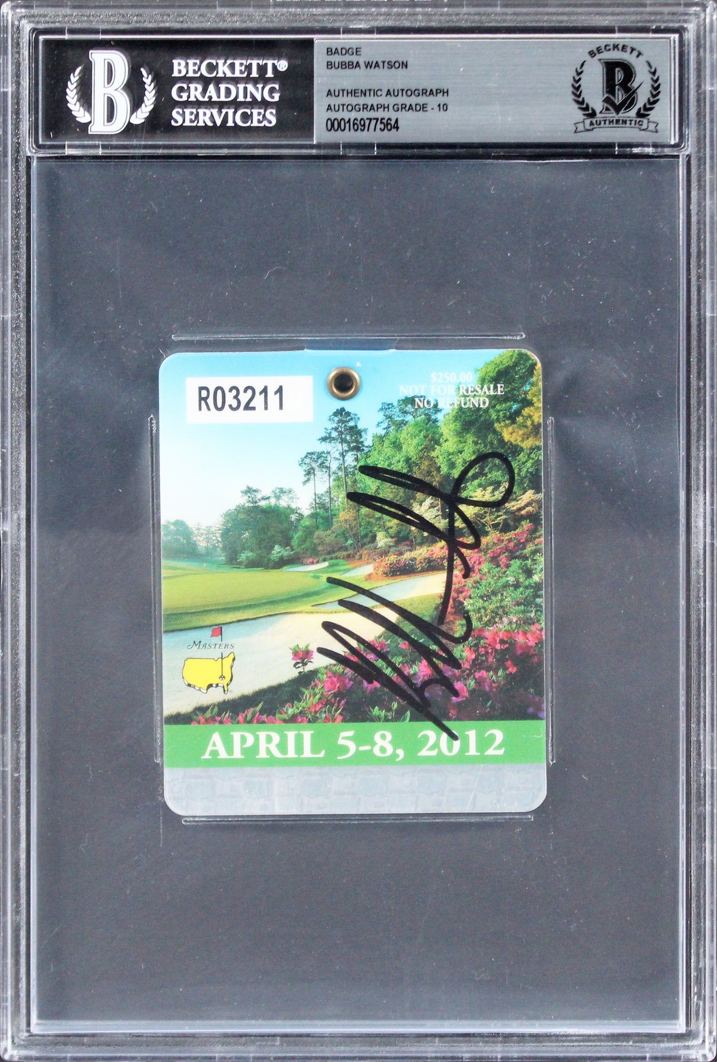 Bubba Watson Signed 2012 Masters Augusta Golf Club Badge Auto 10! BAS Slabbed