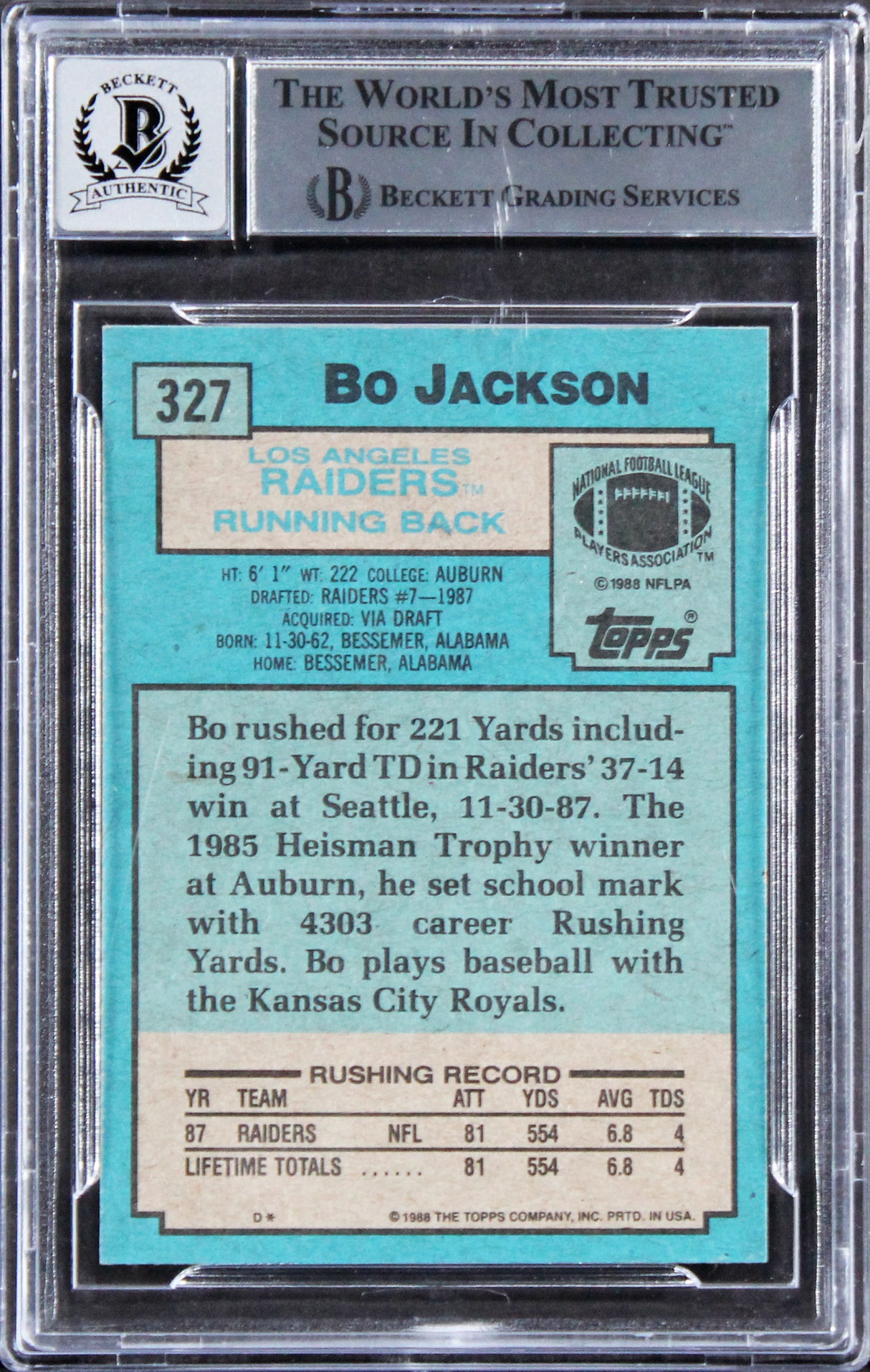 Raiders Bo Jackson Signed 1988 Topps #327 Rookie Card Auto 10! BAS Slabbed