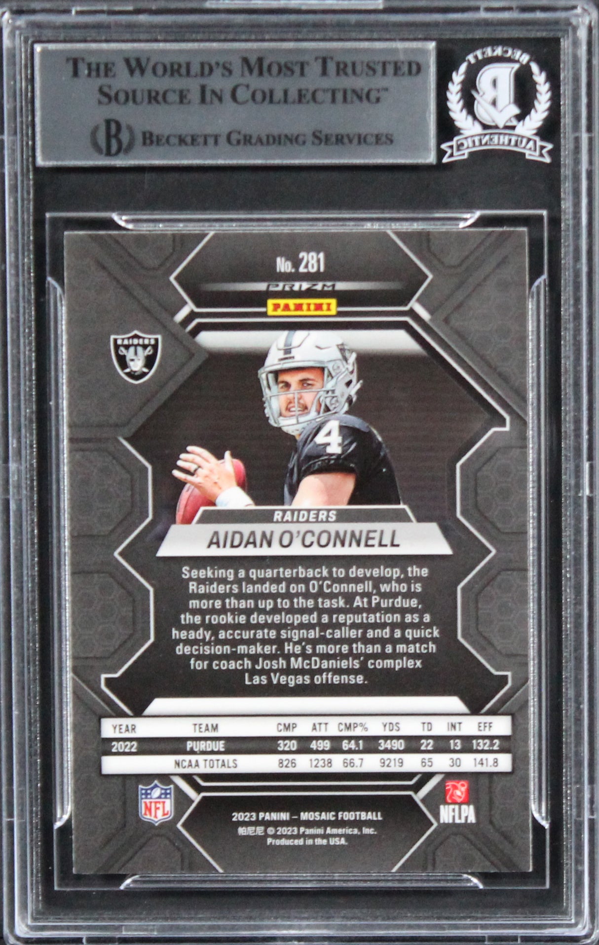 Raiders Aidan O'Connell Signed 2023 Panini Mosaic Silver #281 RC Card BAS Slab