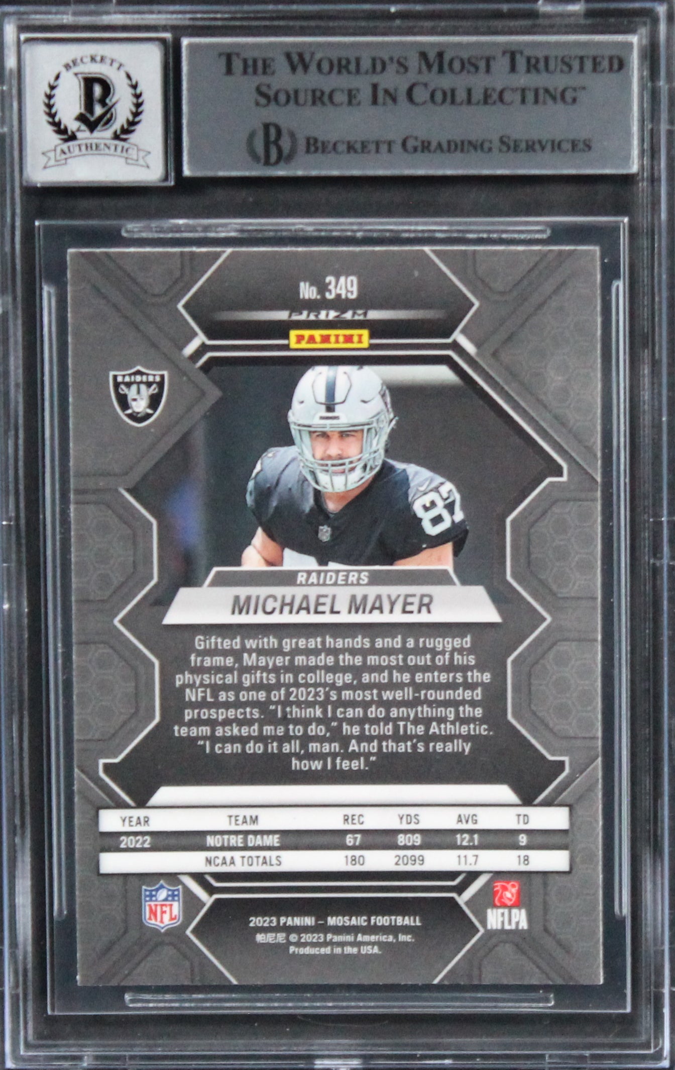 Raiders Michael Mayer Signed 2023 Panini Mosaic RB #349 RC Auto 10 BAS Slabbed 2